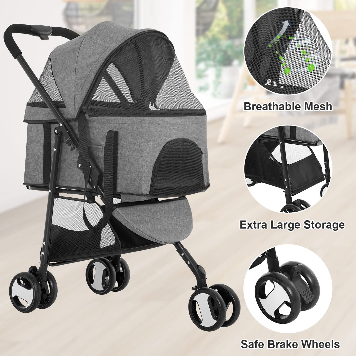 BestPet 3-Wheels Pet Stroller - Dog & Cat Premium 3-in-1 Multifunction Detachable Carrier Lightweight Folding Travel Stroller, Grey