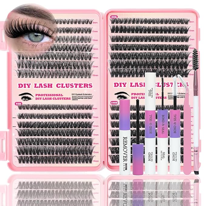 Lash Clusters Kit, 560 Pcs Eyelashes Clusters Kit 9-16mm Individual Lash Extension Kit D Curl Fluffy Wispy False Eyelashes (50D+60D+80D+100D, Lash Clusters Kit)