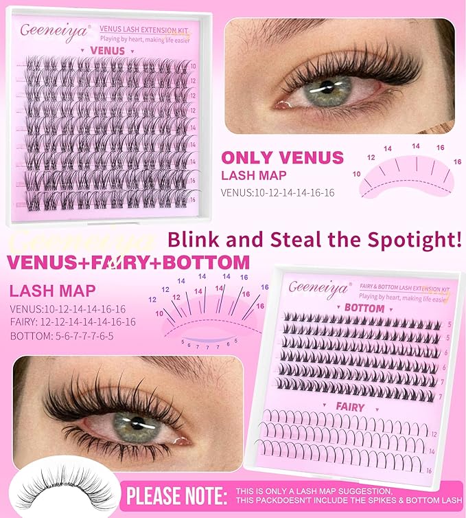 Geeneiya VENUS Lash Clusters, 10-16MM Invisible Natural Eyelash Clusters, Wispy Clear Band Cluster Lashes for Beginners, Waterproof Cluster Eyelash Extensions DIY Lashes (Not Kit)