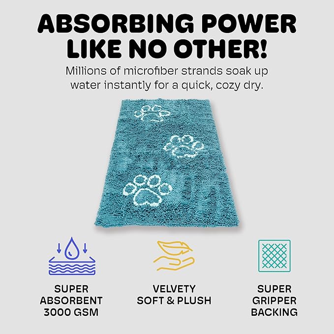 Dog Gone Smart Dirty Dog Doormat - Fast Drying Rug with Super Gripper Backing for Clean Floors - Super Absorbent and Machine Washable Mat for Muddy Paws - Pacific Blue