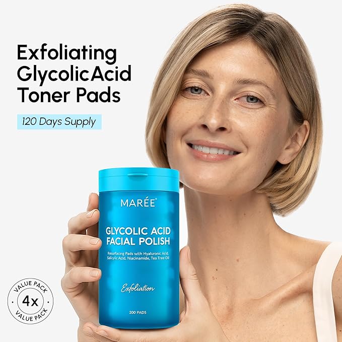 MAREE Glycolic Acid Pads Ã¢ÂÂ 200 Toner Pads for Face Cleansing Ã¢ÂÂ Facial Exfoliating Pad with Tea Tree Oil, Salicylic Acid & Vitamins E, B3, B5 Ã¢ÂÂ Acne Clearing Face Pad, Skin Pore Resurfacing & Radiance