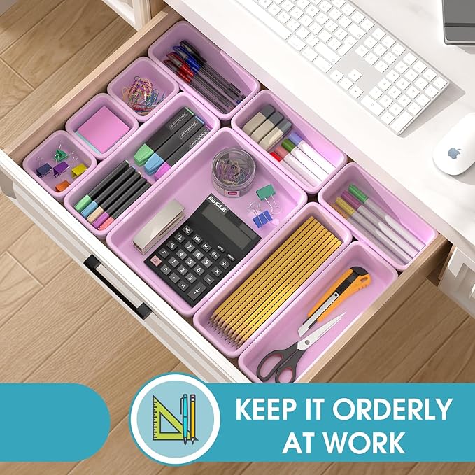 33 PCS Drawer Organizer Set, 4 Size Makeup Drawer Divider Organizer With Non-Slip Pads, Interlocking Plastic Storage Bins for Office,Jewelry Vanity,Gadgets, Bathroom,Kitchen, Purple