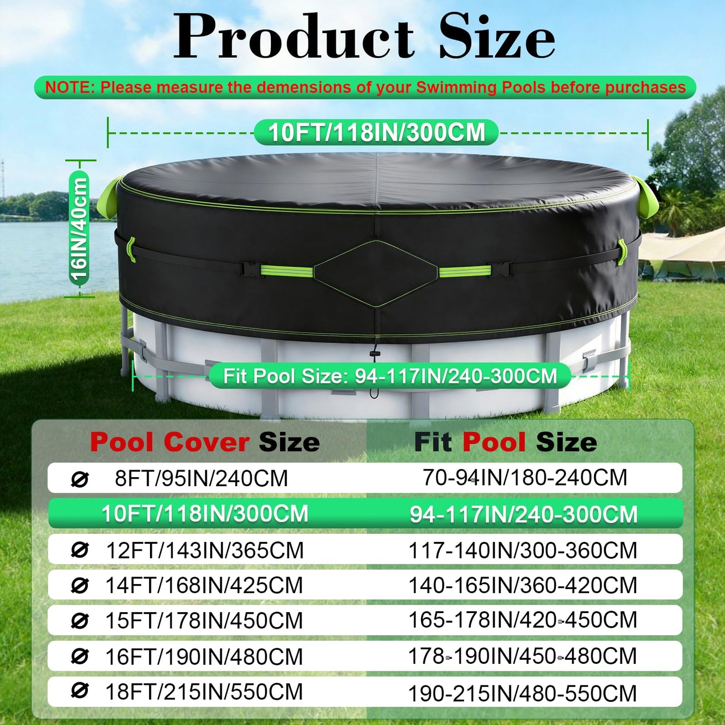 10Ft Round Pool Cover for Above Ground Pools, Safety Solar Pool Covers with Reflective Strips, Rope and Luminous Nails, Upgraded Thicker Oxford, PU Tarp Snug, UV Protected, Windproof, Tear Resistant