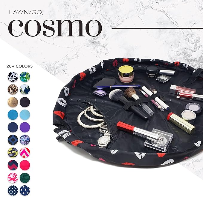 Lay-n-Go Cosmo Layflat Drawstring Cosmetic & Makeup Bag Organizer w/Zipper Pocket, Brush Loops & More, Cinch to Close, Lay Flat to Use, Durable, Machine Wash, Travel Toiletry Bag (20", Lips/Black)