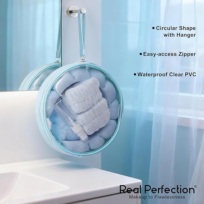 Real Perfection Spa Headband for Washing Face, Skincare Headband Wristband Set for Women, Reusable Machine-Washable Makeup Remover Towel Cloth, 1oz Small Spray Bottle with Travel Makeup Bag - Blue