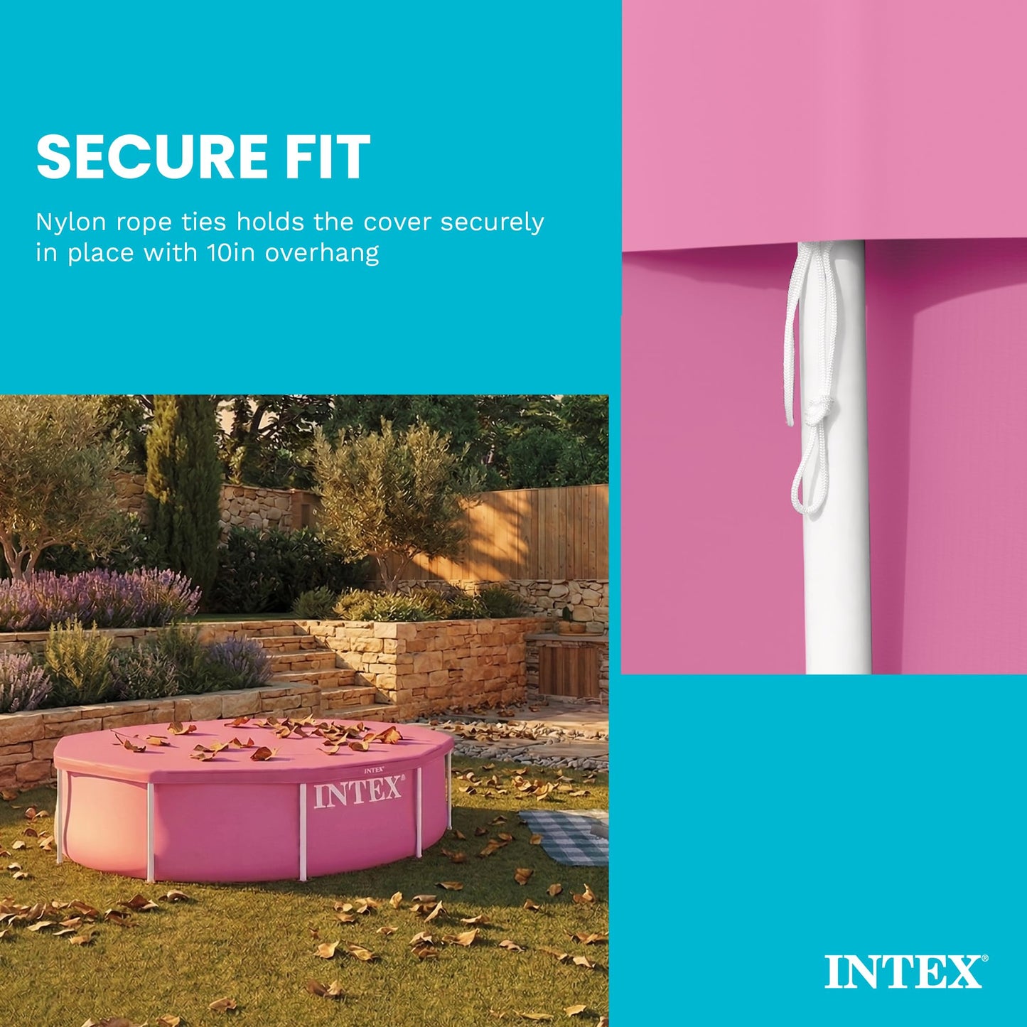 INTEX 28034E Pool Cover: For 10ft Round Metal Frame Pools – Includes Rope Tie – Drain Holes – 10in Overhang – Snug Fit