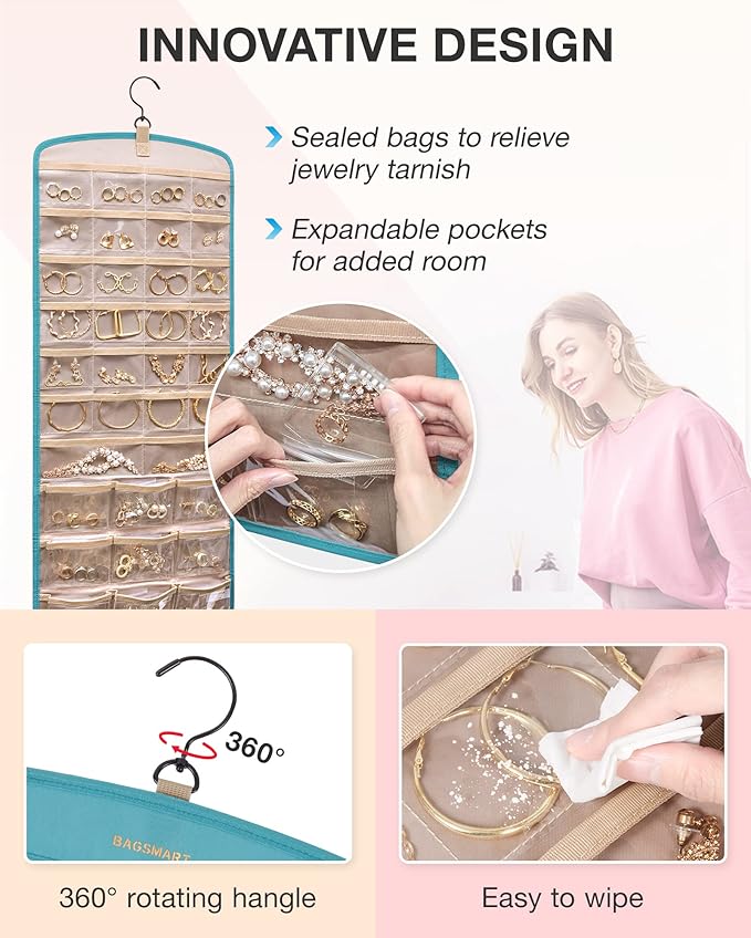 BAGSMART Hanging Jewelry Organizer, Necklace Holder Anti-tangle Earrings Rings Hanger with 20 Jewelry Bags Travel Storage Roll with Pockets Hang on Closet, Wall, Door,1 Piece, Large, Teal