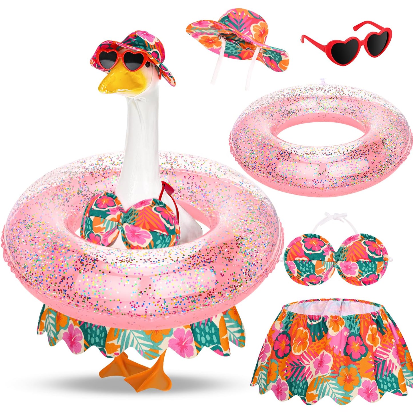 GANSHAYA Hawaiian Porch Goose Outfits Summer Bikini Goose Clothes Costume Fits 23" Goose Statue with Hat Sunglasses & Swimming Ring