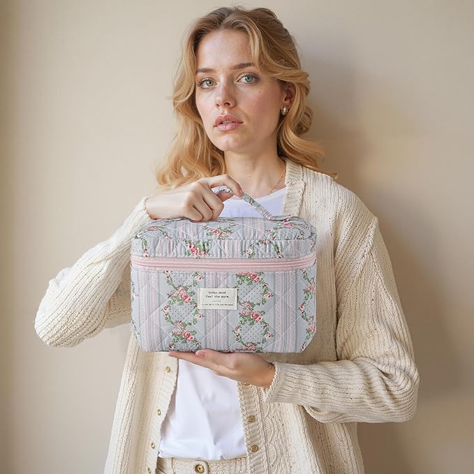 HBselect Quilted Makeup Bag, 3PCS Cotton Large Travel Makeup Bag, Cute Floral Coquette Make up Bag Cosmetic Bag Toiletry Bag for Women Girls
