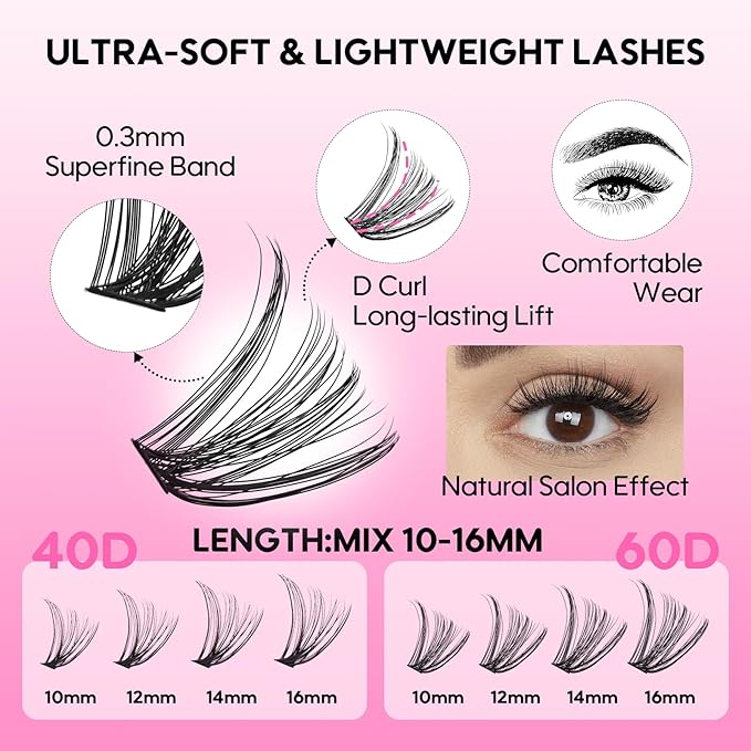 Azenlo Lash Extensions 40D+60D Cluster 240pcs DIY Wispy Lash Clusters 10-16mm Eyelash Clusters for Beginners At Home Individual Thin Band Lash Kit (40D+60D Kit)