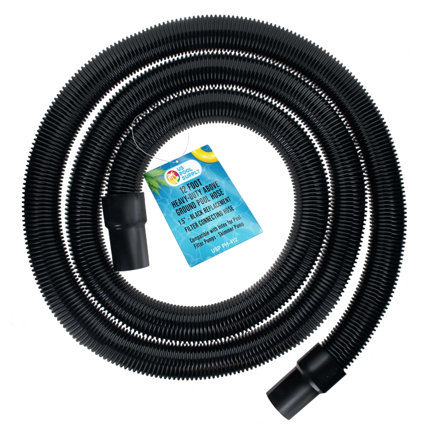 U.S. Pool Supply 12 Foot Heavy-Duty Above Ground Pool Hose, 1.5" - Black Replacement Filter Connecting Hose, Flexible Spiral Wound EVA - Compatible with Intex for Pool Filter Pumps -Skimmer Pump