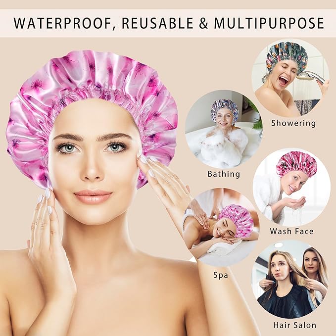 4 PCS Shower Caps for Women, 3D Printing Bath Caps, Double Layers Shower Cap Reusable Waterproof, Bathing Shower Caps, Environmental Protection Hair Bath Hat - Flower B