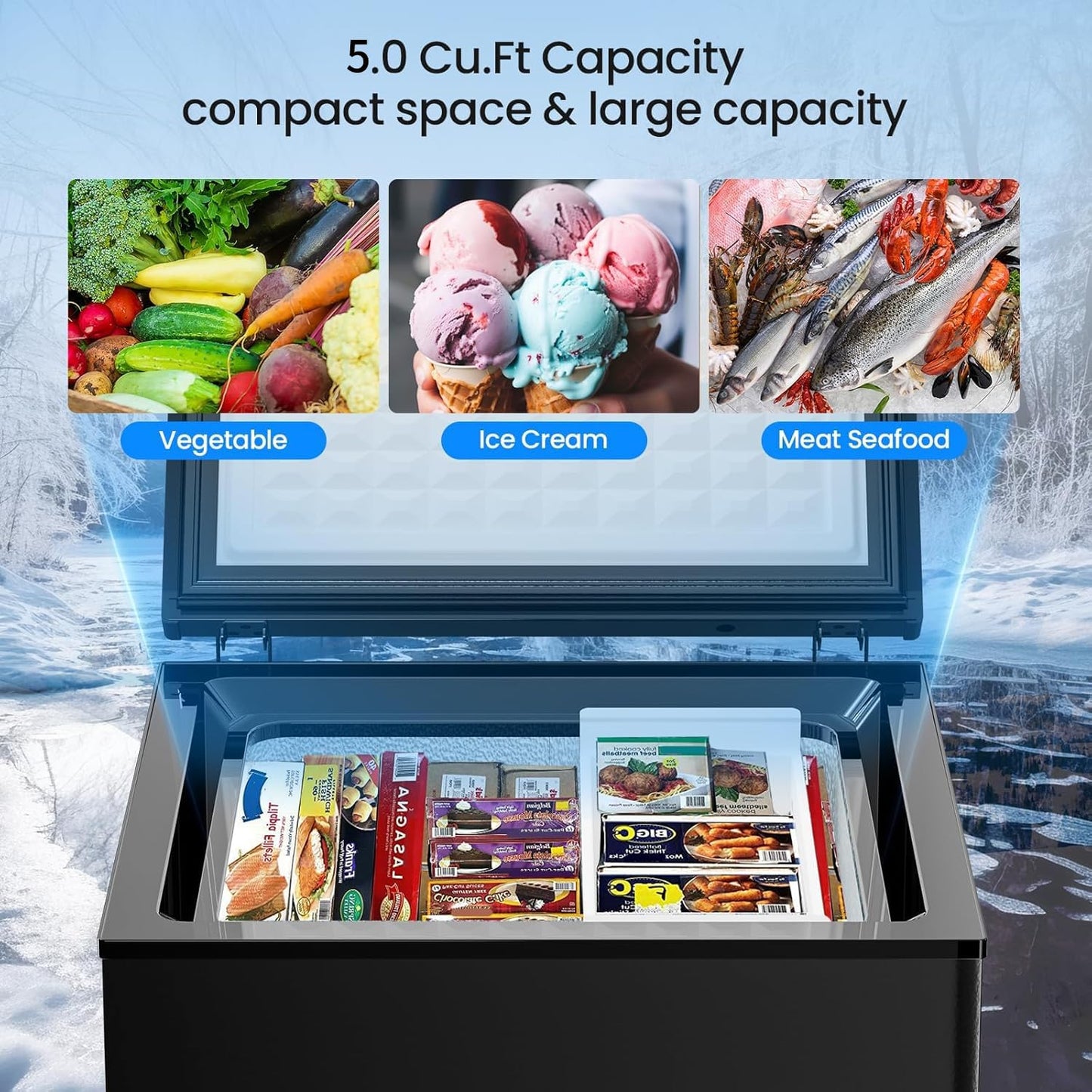 5.0 CU.FT Chest Freezer - Compact Deep Freezer with 7 Temperature Settings, Low Noise Operation, And Removable Basket, Ideal for Dorms, Apartments, And Home Kitchens.