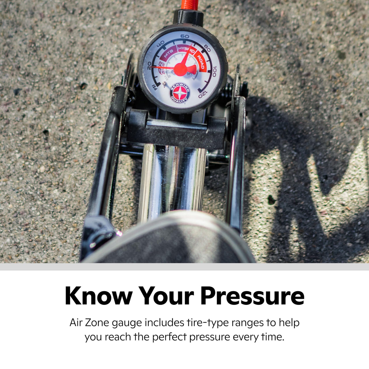 Schwinn Air Base Plus Foot Pump, Air Zone Pressure Gauge, High Pressure Foot Pump, Dual Head Nozzle Fits Both Schrader and Presta Valves, Max of 120 PSI, Black