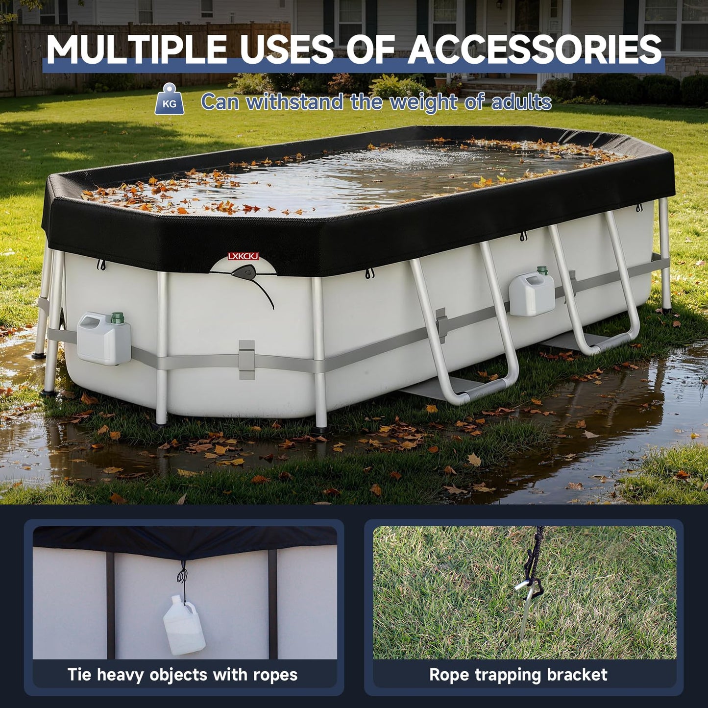 LXKCKJ 8x14 FT Rectangular Pool Cover for Above Ground Pool, Solar Oval Pool Cover Protector, Winter Pool Cover with Accessories Set Ideal for Cold and UV Resistant, Dustproof (Black)