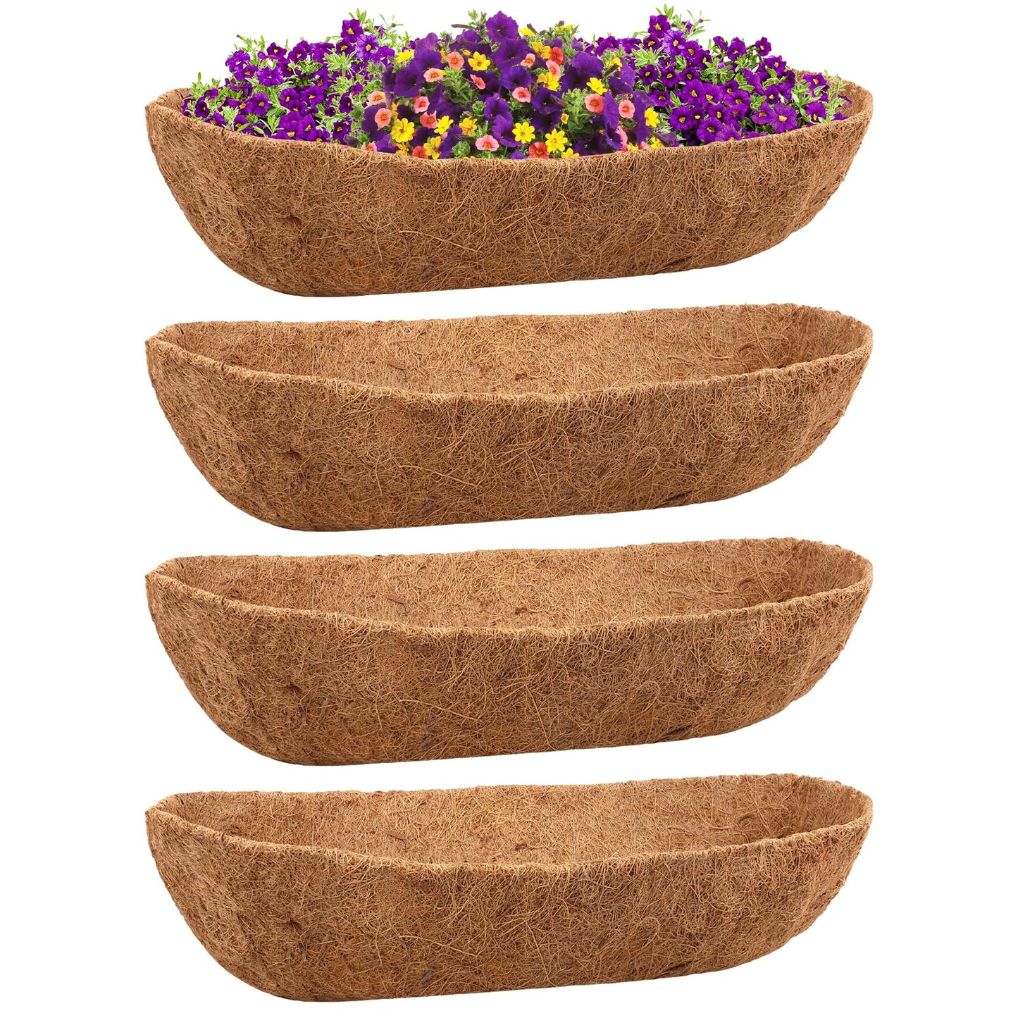 Riare 4 Pack 36 Inch Trough Coir Liners for Planters, Pre-Formed Coconut Coir Replacement Natural Coco Fiber Window Box Liners for Wall Planter, Window Basket Deck Railing Planter