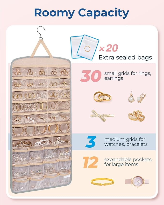 BAGSMART Hanging Jewelry Organizer, Necklace Holder Anti-tangle Earrings Rings Hanger with Pockets Hang on Closet, Wall, Door,1 Piece, Extra Large Grey