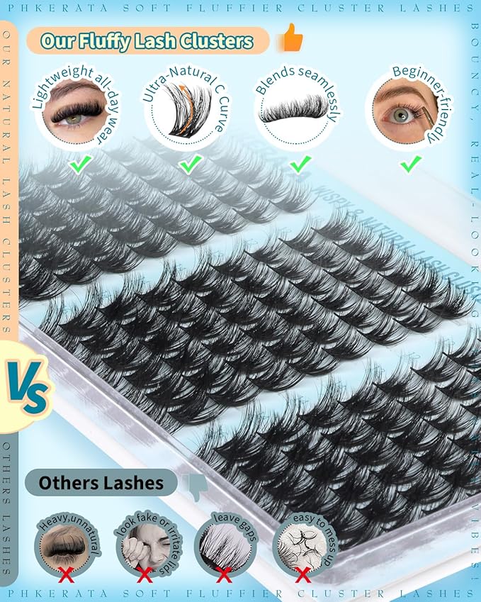 PHKERATA Fluffy Lash Clusters Wispy Eyelash Clusters, Volume Cluster Eyelash Extensions, DIY Individual Lashes with Soft Thin Band for Natural Look 162Pcs, 10-16mm