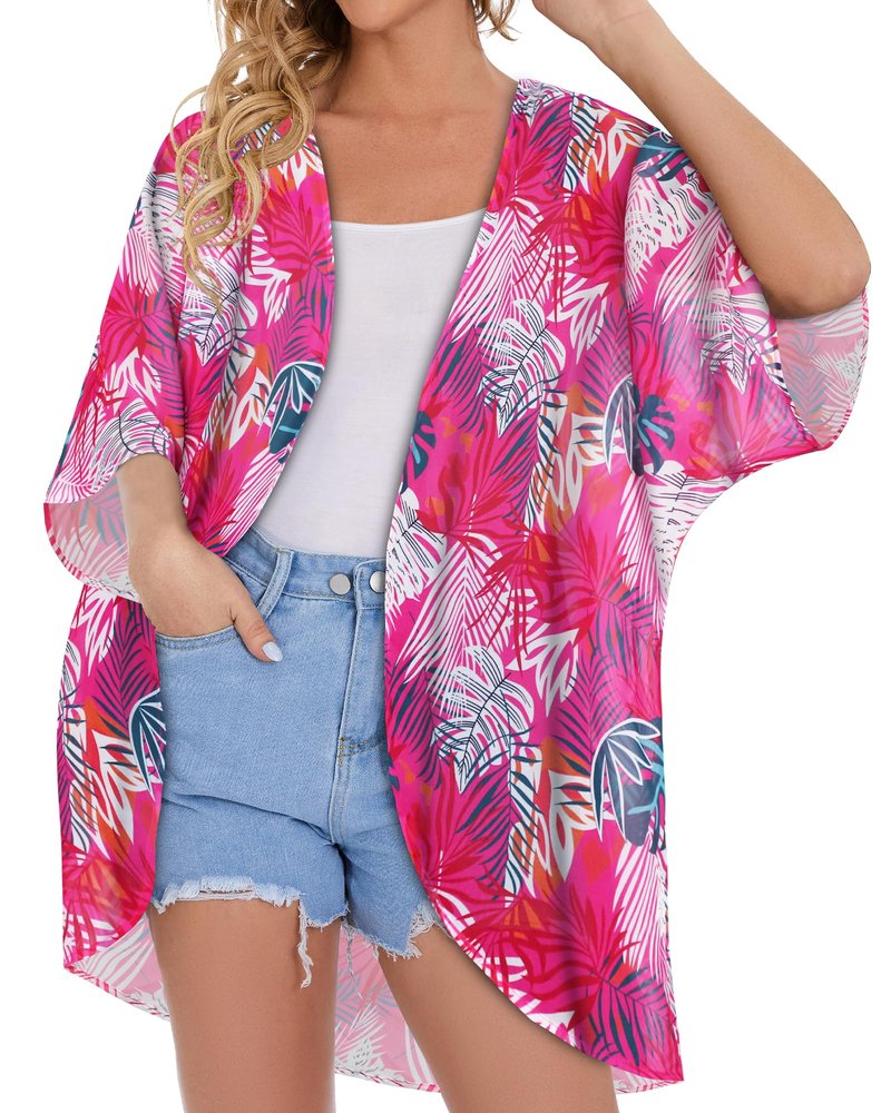 Women's Floral Kimono Print Puff Sleeve Loose Cardigan Cover Up Casual Blouse Tops (Rose Red Leaves, 3XL)