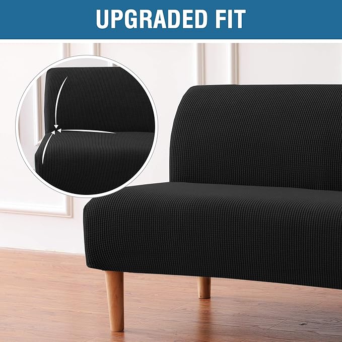 H.VERSAILTEX Armless Futon Cover Stretch Sofa Bed Slipcover Protector Elastic Feature Rich Textured High Spandex Small Checks Jacquard Fabric Futon Cover, Machine Washable, Black
