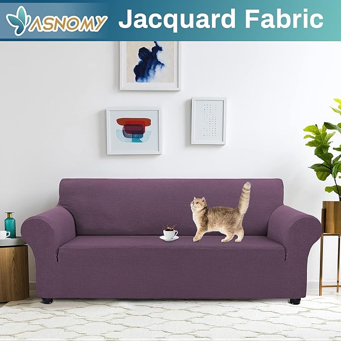 Asnomy Couch Covers for 3 Cushion Couch Stretch Sofa Covers Slipcovers, Pet Protector Furniture Covers for Dogs Cats Spandex Jacquard Fabric Small Checks （Large，Gray Purple）