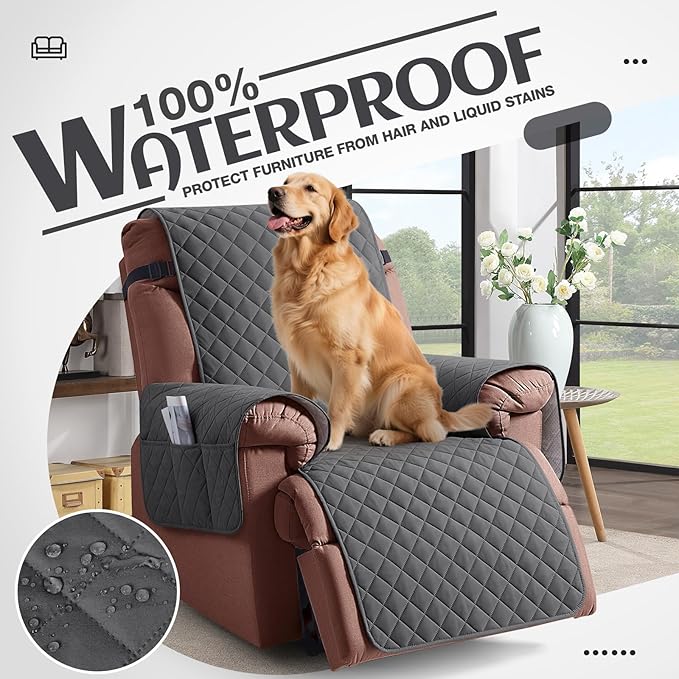 KinCam 100% Waterproof Recliner Chair Cover, Reclining Couch Covers for Pets, Dogs, Recliner Couch Slipcover Furniture Protector with Elastic Straps for Kids(25", Charcoal Gray)