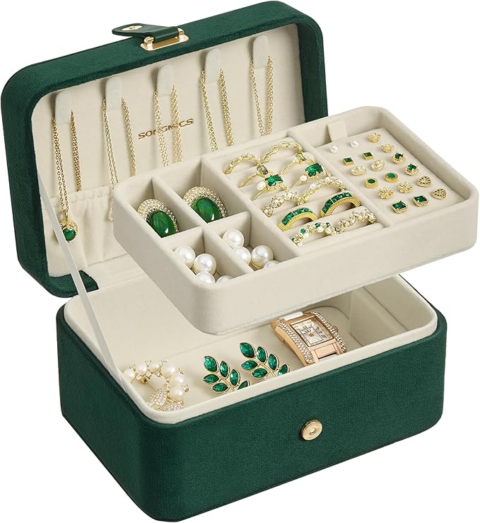 SONGMICS Jewelry Organizer Box, Travel Jewelry Case, 2-Layer Travel Case for Earrings, Necklaces, Bracelets - Portable Jewelry Storage with Large Capacity, Gift Idea, Retro Green UJBC166C04