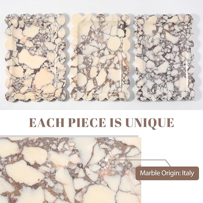 Koville Luxury Calacatta Viola Marble Tray, 11"x8" Scalloped Marble Vanity Tray for Countertop Bathroom Kitchen Dresser, Natural Stone Tray for Jewelry Perfume Home Decor, Decorative Catchall Tray