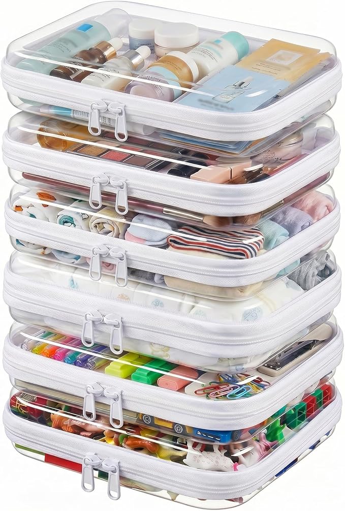 Clear Hard Shell Zipper Cases (6 Packs), Plastic Hard Sided Zippers Pouches Clear Hardshell Pencil Case For Storage, Diaper Bag Organizer Bliss Bins 6*Medium