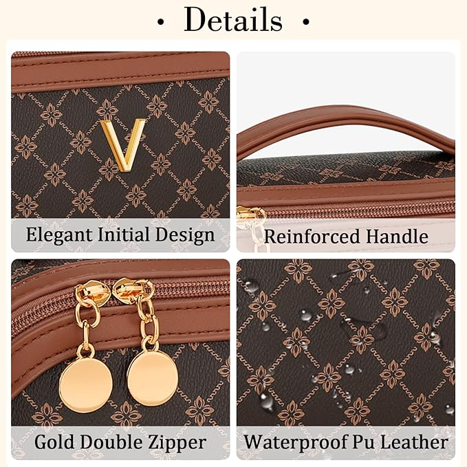 Birthday Gifts for Women Teen Girl, Personalized Initial Makeup Organizer Bag Set, Open Flat Travel Cosmetic Bag With Clear Divider and Handle(Coffee,V)