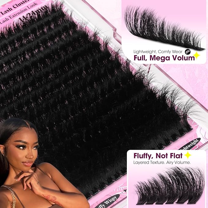 Mega Volume Lash Clusters 14-24mm Fluffy Wispy Cluster Eyelash Extensions D Curl Individual Lashes Dramatic Thick 260D Cluster Lashes DIY Lash Extensions for Baddie Makeup by Yawamica
