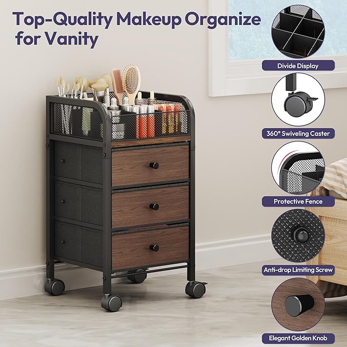 SWTYMIKI Rolling Makeup Organizer Cart - Under Desk Vanity Makeup Storage with 3 Non-woven Drawers, Nail Cart Organizer Cosmetic Display Cases Cabinet for Skin Care Perfume Nail Polish Brush Hair Tool