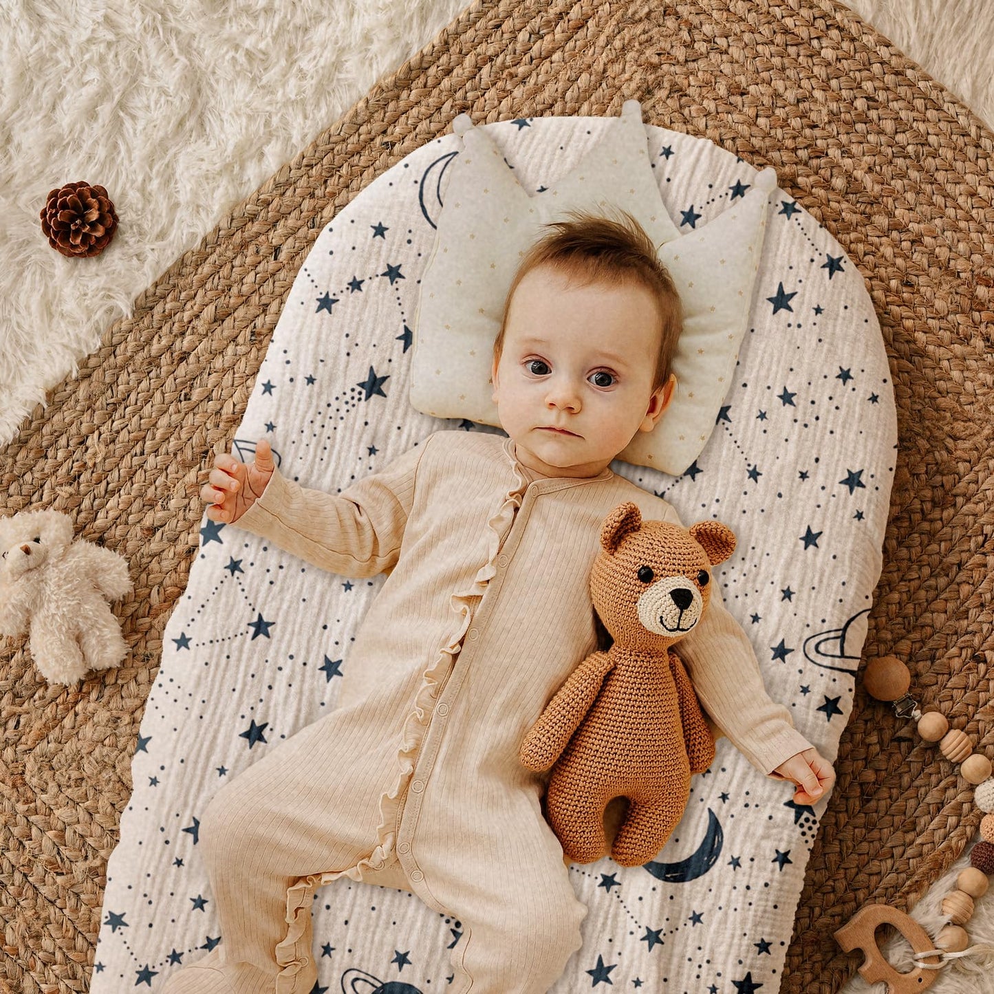 Gllquen Baby Muslin Bassinet Sheets 3 Pack, Breathable Elastic Cozy Fitted Cotton Bassinet Mattress Sheet for Baby Boy Girls, Fit for Hourglass Oval Rectangular Cradle Pad Sheets 33"x17" (Blue)