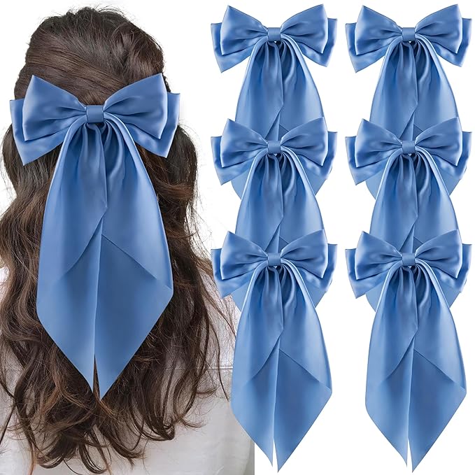 6Pcs Large Bows Hair Clips for Women Girls Long Tail Hair Ribbon Silky Satin Barrettes Coquette Hair Bows Accessories (Light Blue)