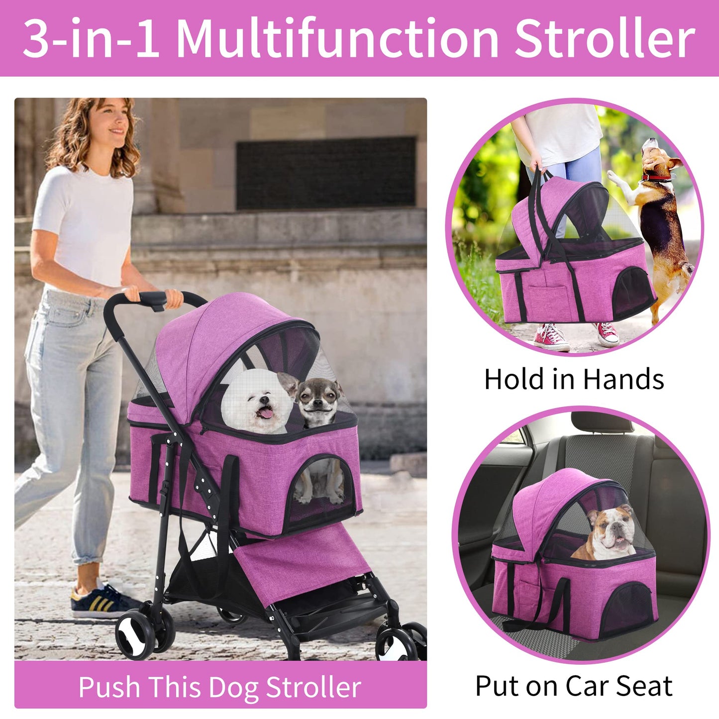 BLKMTY Dog Stroller 3-in-1 Folding Pet Strollers 4 Wheels Cat Stroller w/Storage Basket Dog Carrier Trolley One-Button Switch Travel Strollers with Safety Belt Detachable Carrier, Purple