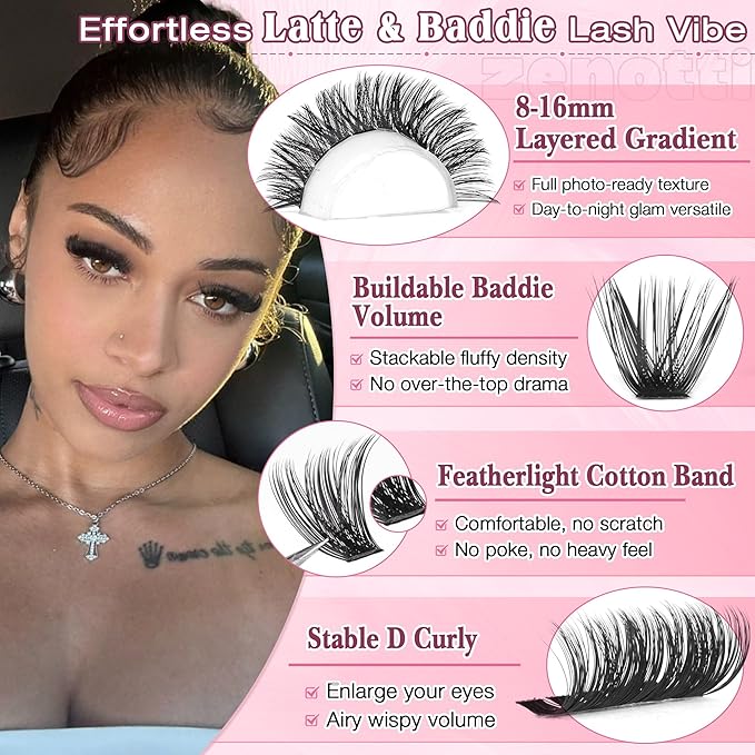Lash Clusters Kit Fluffy 80D 100D Eyelash Clusters Kit 544PCS Wispy Cluster Eyelash Extensions D Curly Individual Lashes 8-16mm Soft Band DIY at Home with Lash Bond&Seal Tweezers Brush by zenotti