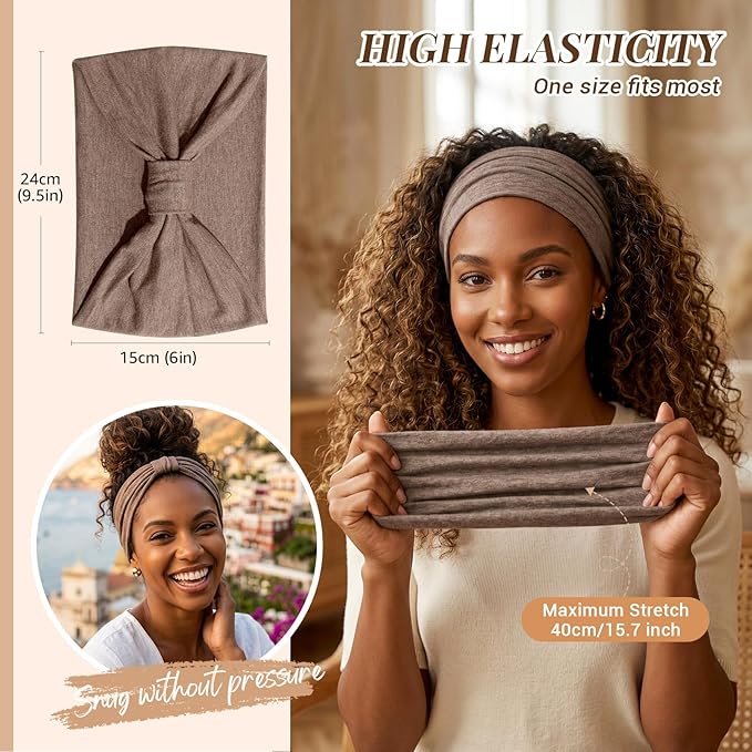 Awumbuk Wide Headbands for Women Knotted No Slip Hairbands Soft Turban Headband Hair Accessories Boho African Head Wrapst Yoga Workout (Dark brown)