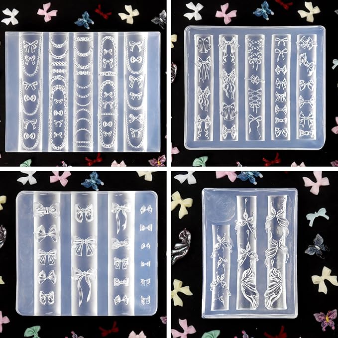 Laza 4pcs Bowknot Silicone Nail Art Molds, 3D Multiple Shapes Ribbon Lace Bows Charms Silicone Nail Accessories with Carving Pen Resin Nail Art Mold Manicure Tools for Women DIY Manicure Design