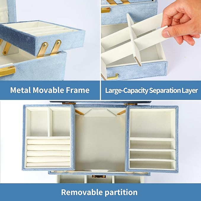 Dajasan Jewelry Organizer Box, Large Jewelry Boxes for Women Girls, Space-Saving 3 Layers Jewelry Storage Case with Drawer, Gift Idea for Christmas, Valentine's Day, Birthday, Mother's Day (Blue)