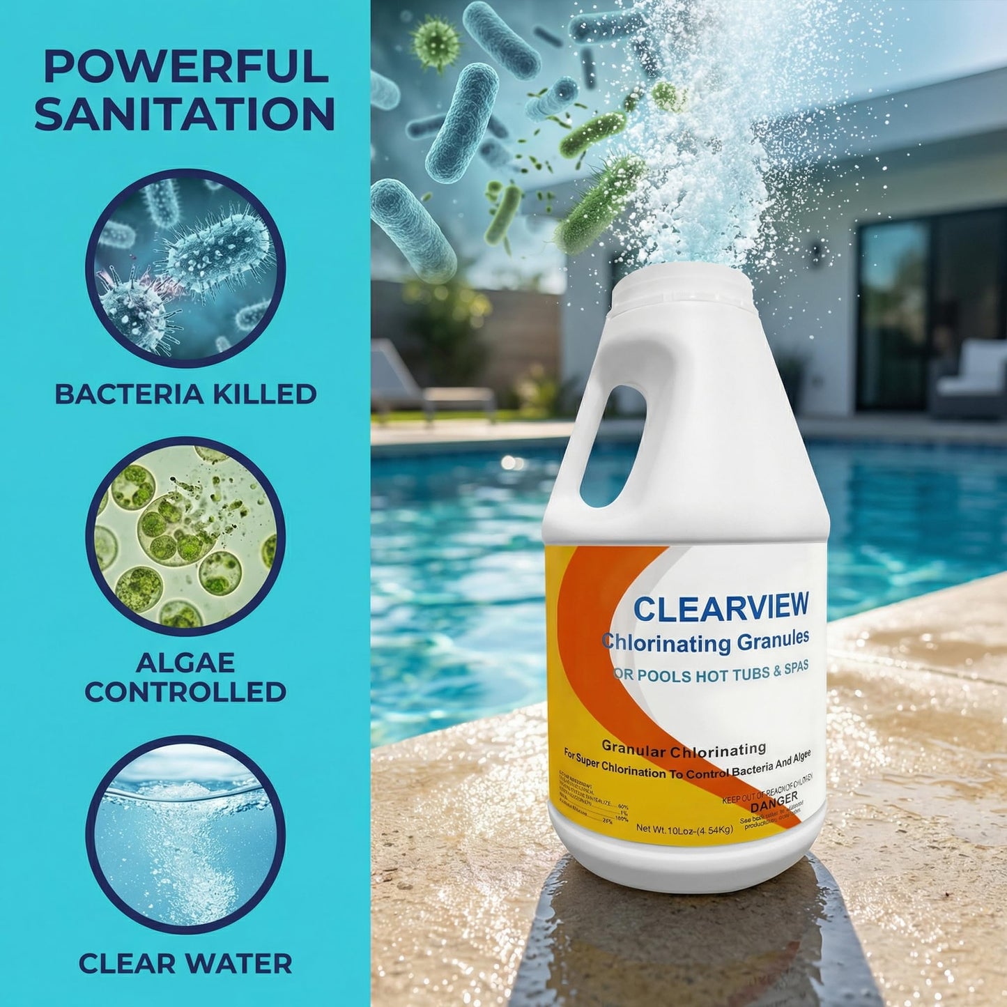 ClearView Calcium-Free Chlorine Granules 10 Lbs, 99% Dichlor Pool Shock Fast-Dissolving Stabilized Sanitizer for Swimming Pools, Spas & Hot Tubs