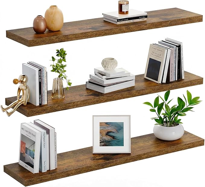 AMADA HOMEFURNISHING 23.6" L Floating Shelves, Wall Shelves Set of 3 for Bathroom/Living Room/Bedroom/Kitchen, Floating Shelves for Wall Decor with Invisible Brackets - AMFS44V, Rustic Brown