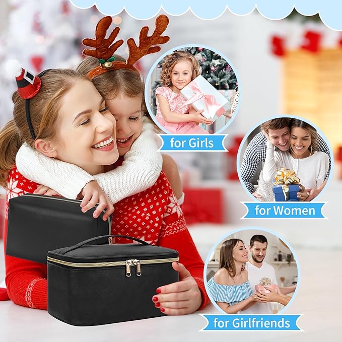OCHEAL Makeup Bag Set, Portable Travel Makeup Bags Cosmetic Organizer Bag for Women Cute Floral Cosmetic Pouch Large Capacity Make up Bag PU Leather Toiletry Bags with Divider and Handle-Black