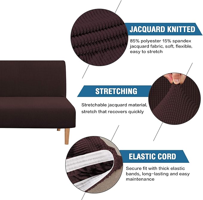 H.VERSAILTEX Armless Futon Cover Stretch Sofa Bed Slipcover Protector Elastic Feature Rich Textured High Spandex Small Checks Jacquard Fabric Futon Cover, Machine Washable, Chocolate
