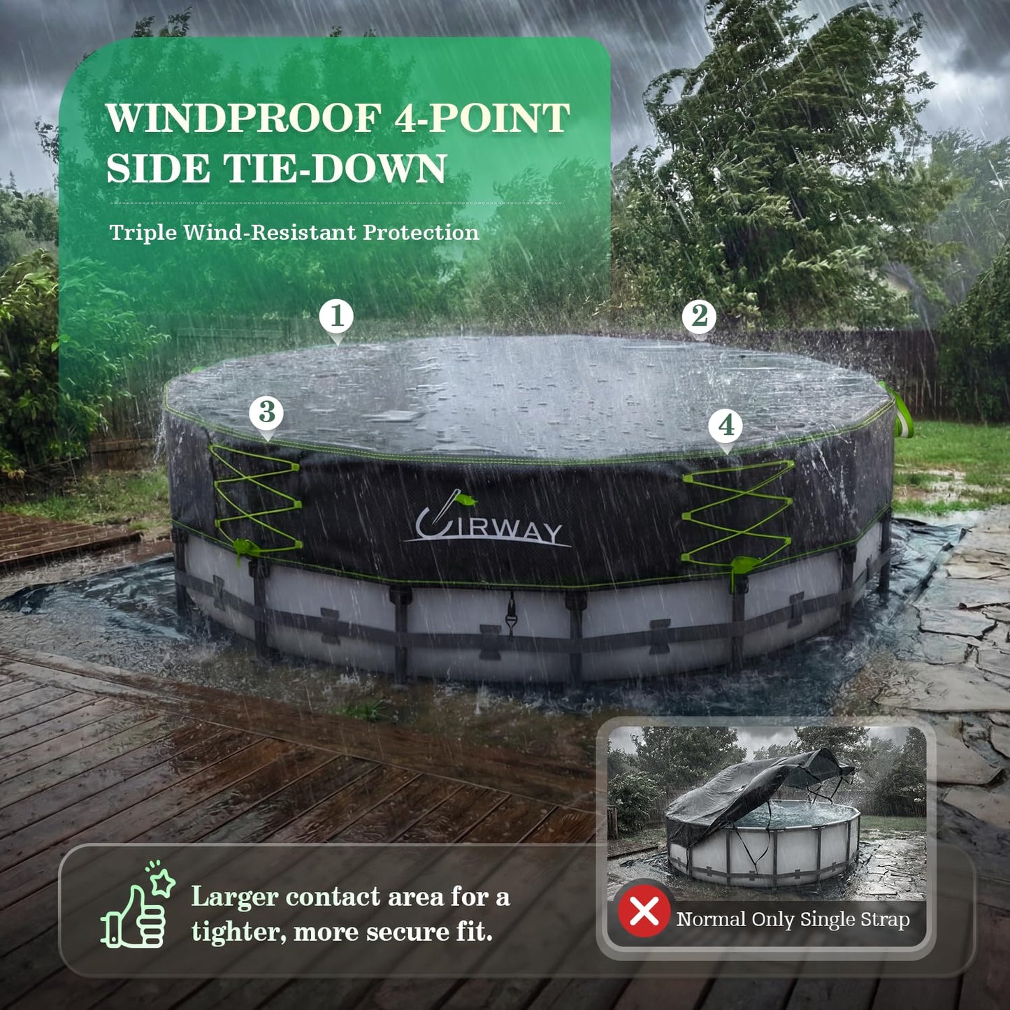 Uirway 600D Upgraded 18ft Pool Cover Round for Above Ground Pool, Tear Resistant Heavy Duty Fabric with Windproof Ratchet Locking & Reflective Drawstring, Weatherproof UV Protection, Anti-Slip Straps