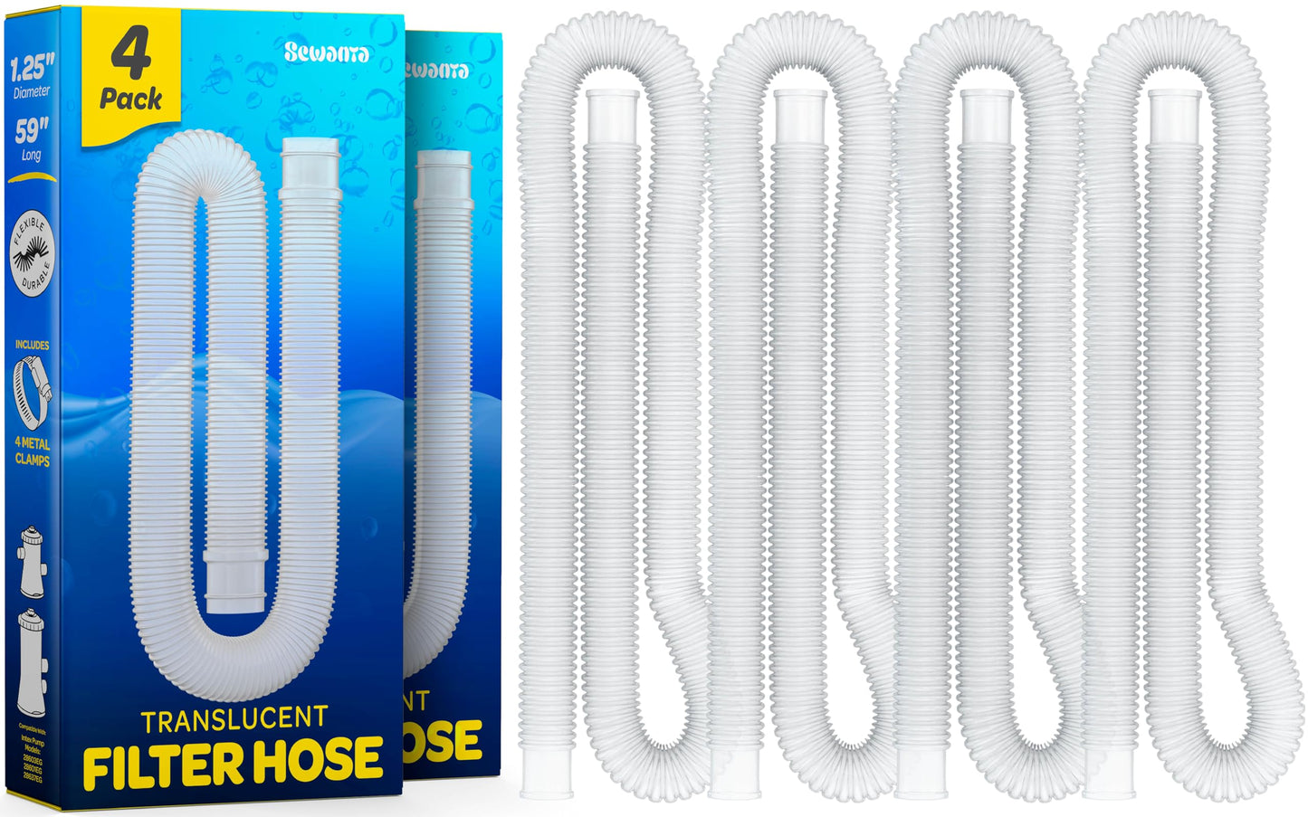 Replacement Hose For Above Ground Pools [Set of 4] 1.25" Diameter, 59" Long Accessory Pool Pump Replacement Hose - Filter Pump Hose Compatible with Intex Pump Models #607/#637