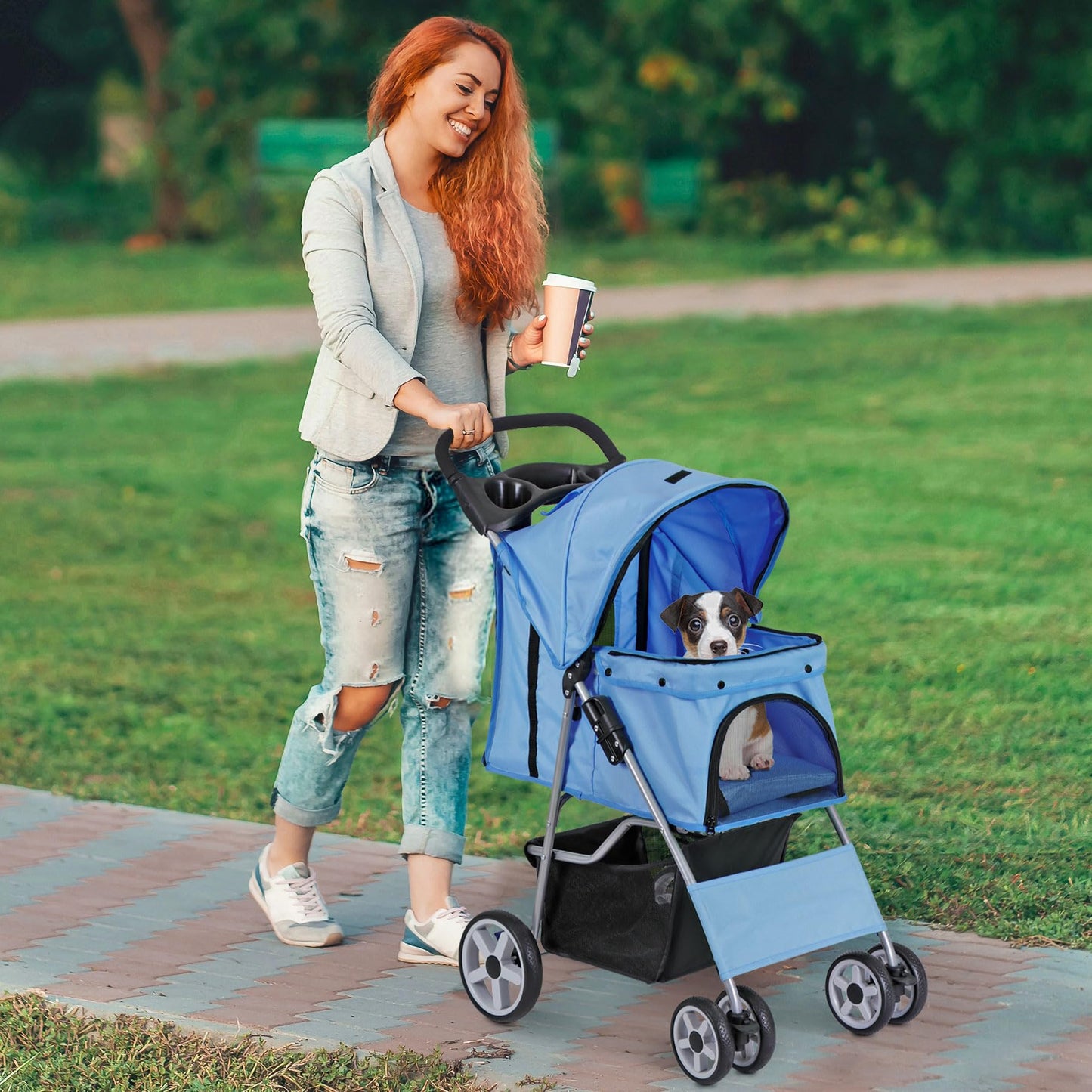 Epetlover 4 Wheels Dog Stroller Folding Pet Strolling Cart for Small Medium Cats Puppies Portable Jogger Travel Camping Puppy Carrier with Storage Basket Cup Holder, Blue