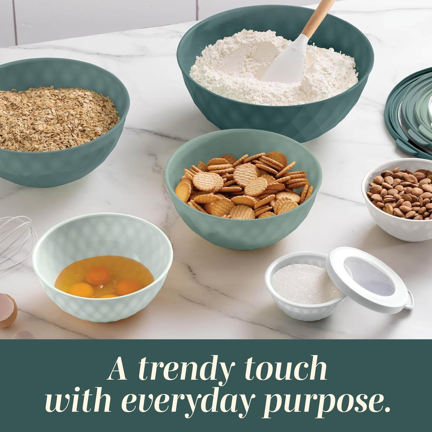 COOK WITH COLOR Mixing Bowls with Lids - 12 Piece Plastic Nesting Bowls Set includes 6 Prep Bowls and 6 Lids, Diamond Design - Microwave Safe (Mint)
