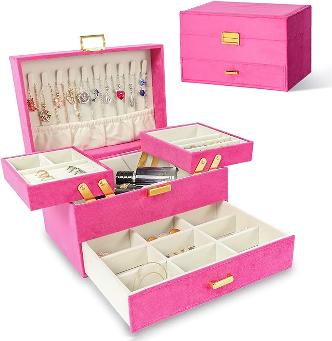 Dajasan Jewelry Organizer Box, Large Jewelry Boxes for Women Girls, Space-Saving 3 Layers Jewelry Storage Case with Drawer, Gift Idea for Christmas, Valentine's Day, Birthday, Mother's Day (Red)