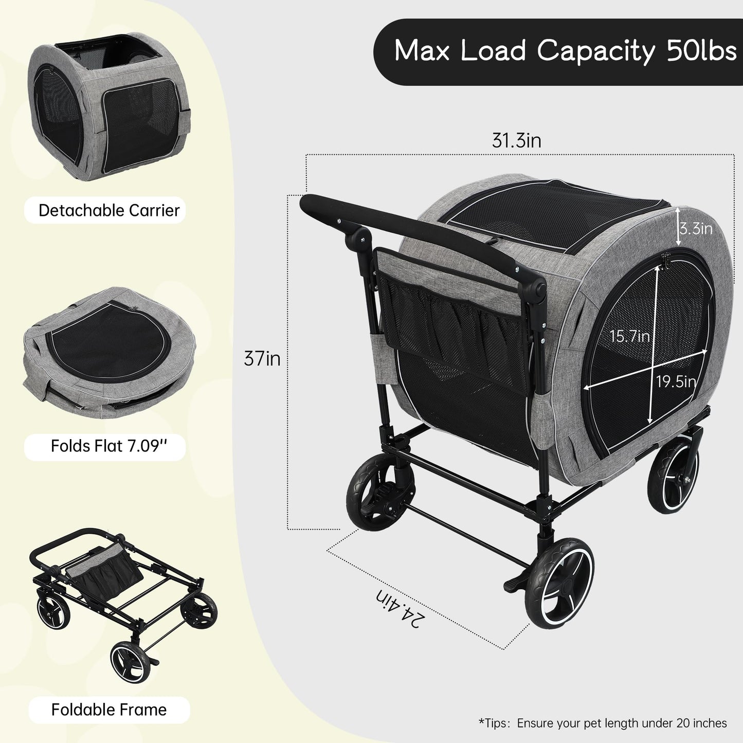 Saudism Pet Stroller for Dogs Cats up to 50 lbs, Foldable Dog Stroller with 360° Swivel Wheels, Detachable Carrier, Adjustable Handle, Travel Dog Stroller for Small Medium Large Pets, Gray