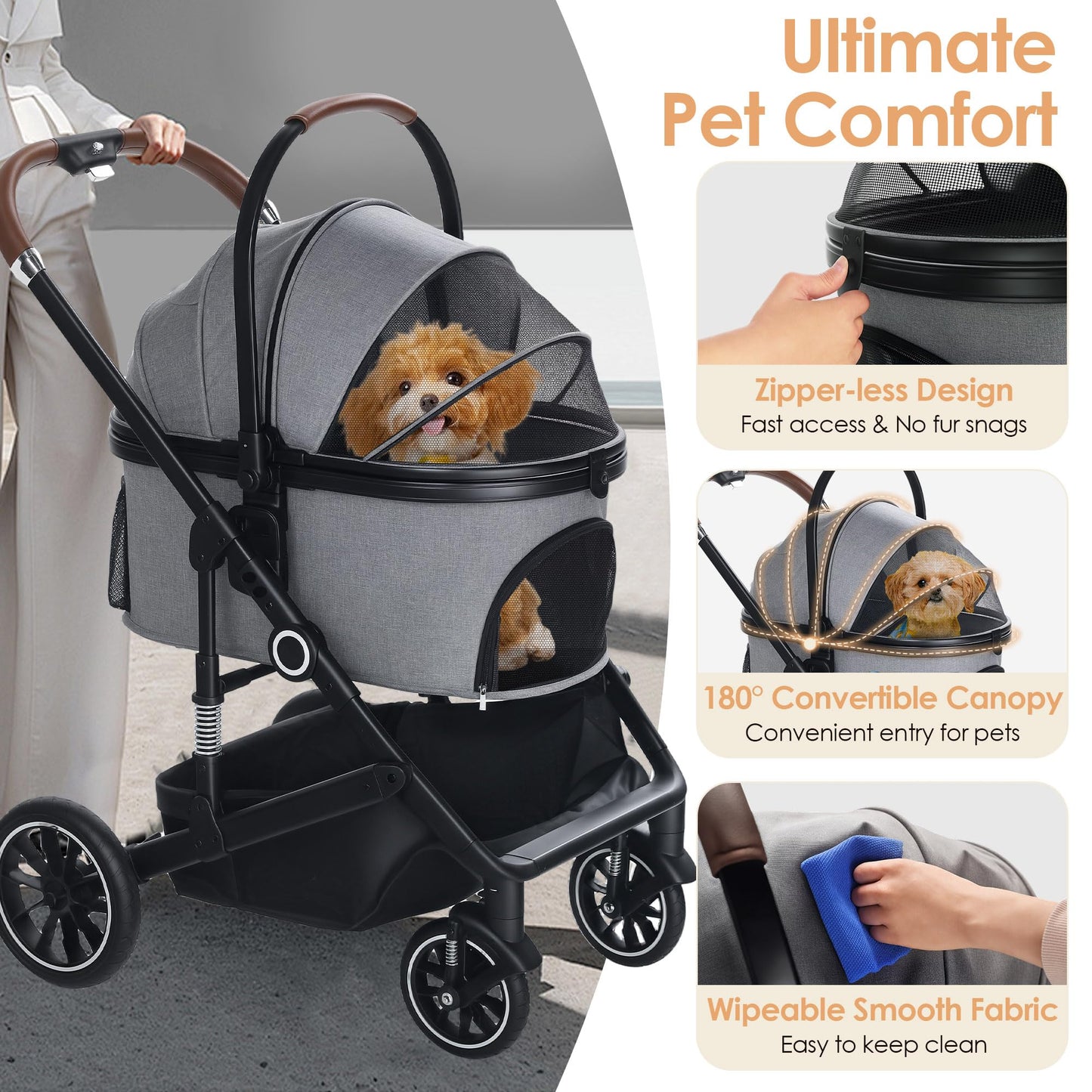TODEFULL Pet Stroller with 4 Wheels, 3 in 1 Folding Puppy Strollers for Small/Medium Dogs Cats up to 50lbs, Lightweight Pet Travel Carrier with Detachable Cushion, Storage Basket and Cup Holder, Gray